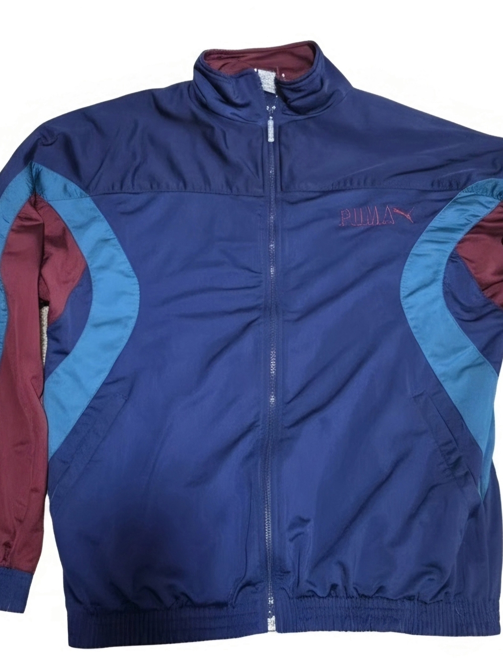Vintage Puma 80s Full-Zip Track Jacket Blue Burgundy Teal Striped Sz M
